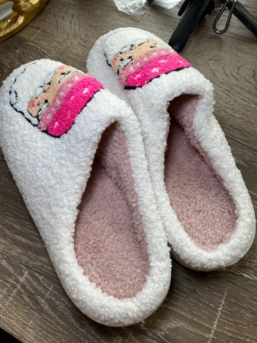 NEW White Santa Slippers with Pink Hat Accent